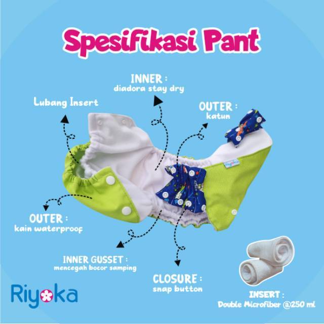 Clodi Riyoka pant berat badan 7-25kg usia 1-7tahun 2insert microfiber 500ml pants celana allsize all