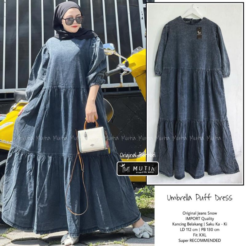 UMBRELLA PUFF DRESS BY MUTIA / DRESS JEANS MUSLIMAH REKOMENDED / Gamis jeans wanita jumbo