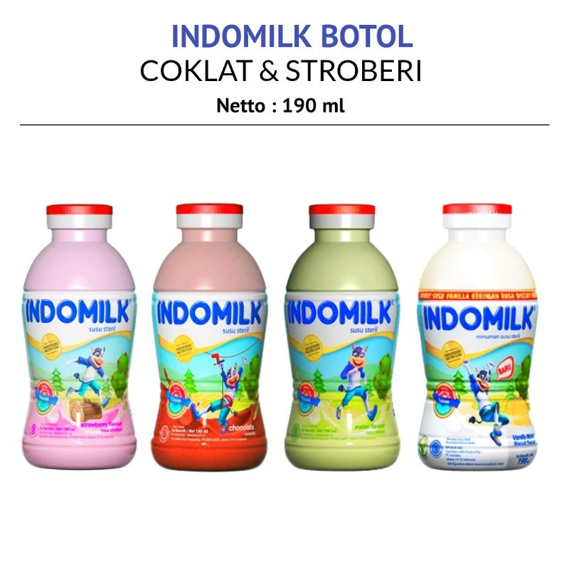 

Indomilk UHT BOTOL 190 ml - SUSU INDOMILK MELON COKLAT STROBERI SUSU INSTAN ORIGINAL INDOMILK