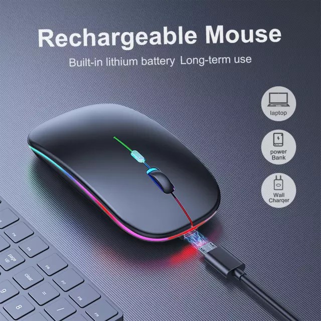 Mouse wireless 02.4G Silent Wireless Mouse Rechargeable 1200 DPI RGB LED Backlit Isi Ulang Mouse silent lampu RGB efek Mos mous wireles mos werles