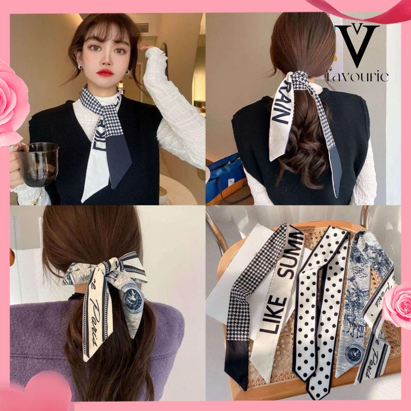 [COD]Houndstooth surat syal sutra panjang temperamen streamer elegan retro print syal sutra ikat kepala-FA