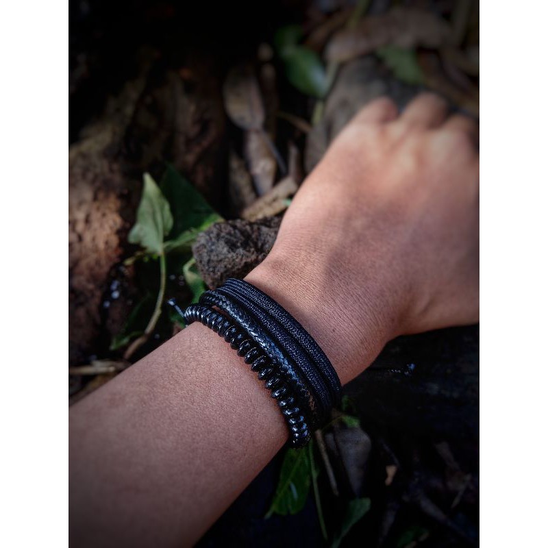 Gelang Pria Cowok Keren Hitam Polos Paracord Kulit Paket Black Mamba