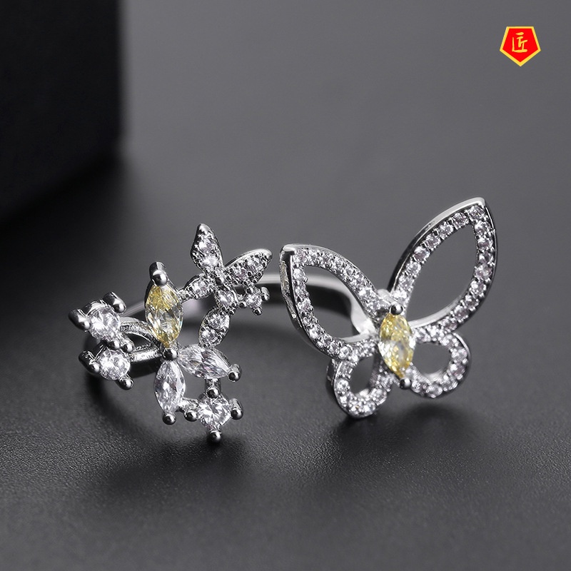 [Ready Stock]S925 Silver Personality Butterfly Opening Ring Yellow Diamond Fashion