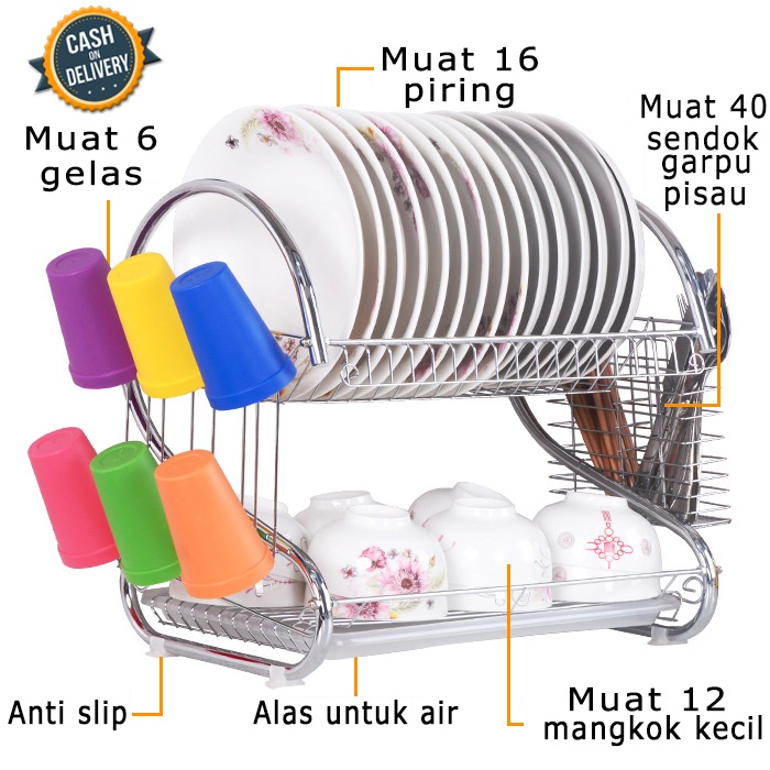 Rak Piring Stainless 2 Susun Murah Rak Peralatan Dapur 2 Tingkat 2 Tier Dish Drainer - AURORA FURNITURE STORE-1