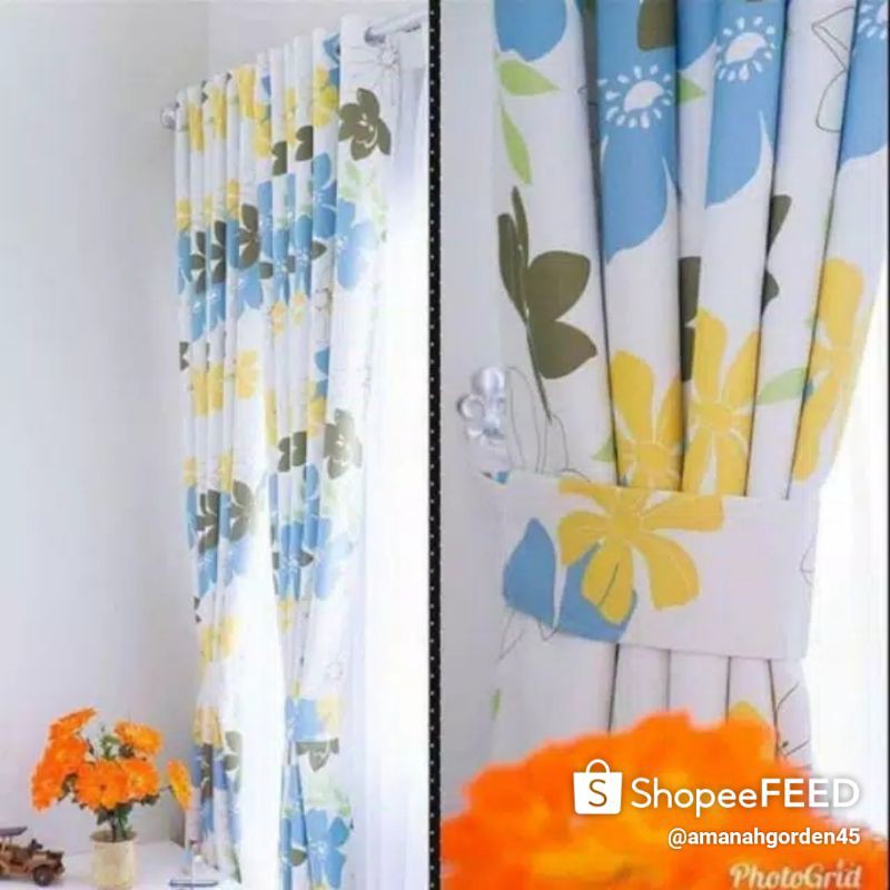 GORDEN MOTIF BUNGA BESAR BIRU/OREN ASOKA HIJAU/COKLAT TIRAI JENDELA  GORDEN JENDELA MINIMALIS