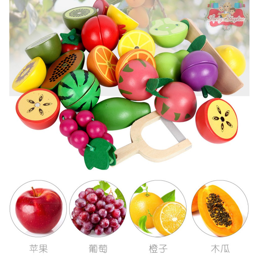 [BIG SALE] WOODEN FRUIT AND VEGGIES BASKET (12PC) PRETEND PLAY - mainan buah sayur potong