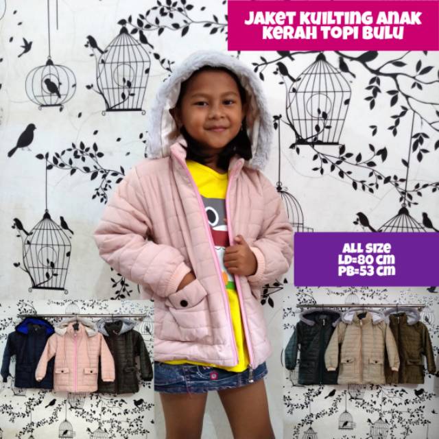 Jaket quilting anak topi bulu full colour usia 4-8 thn