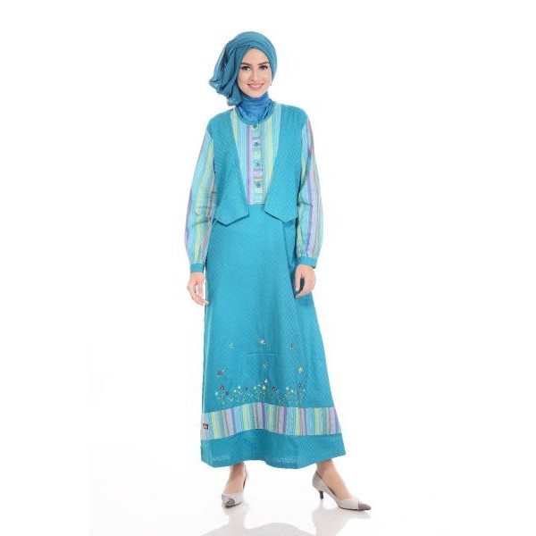 Baju gamis online kombinasi Vest/rompi motif A line bordir bunga warna maroon tosca HAIHAI GM 03
