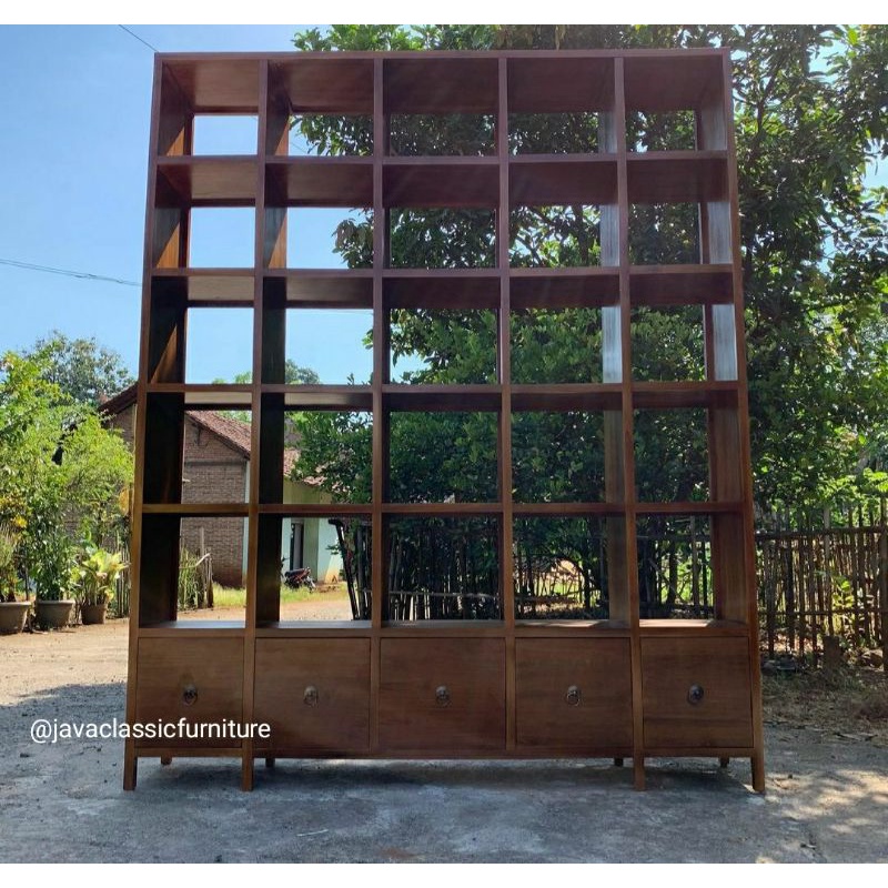 RAK BUKU MINIMALIS PENYEKAT RUANGAN TV MINIMALIST ALMARI PAJANGAN RUANG TAMU PARTISI POT BUNGA BAHAN KAYU JATI-2