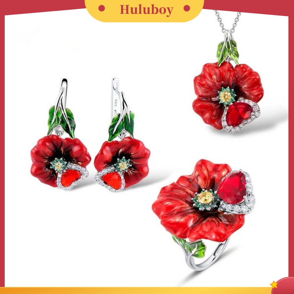 Hu Hu Hu Hu Hu Alat Bantu Pasang Kacamata♡ Set Kalung Anting Cincin Liontin Bunga Ruby Imitasi Bentuk Hati Untuk Wanita