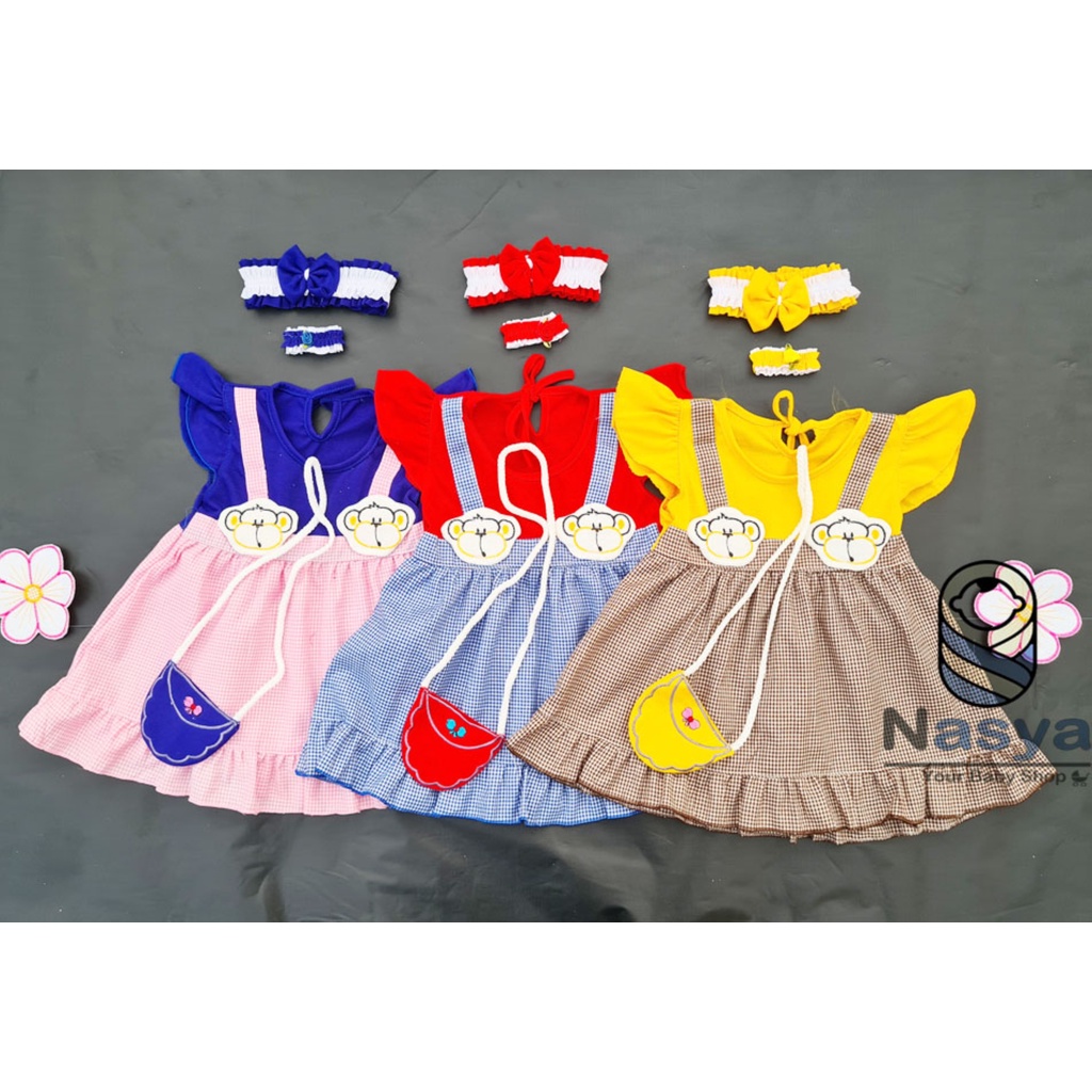 [P-015B] Dress bayi umur 0-6 bulan motif monyet Full Set Bandana, Gelang dan Tas