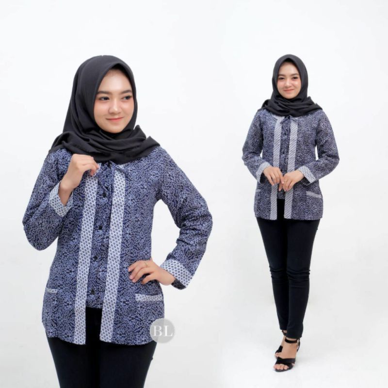 tey-17 Batik wanita ASJ SA HRB026 Kenongo Kemeja Tosca Pendek-Saku Biru sikem