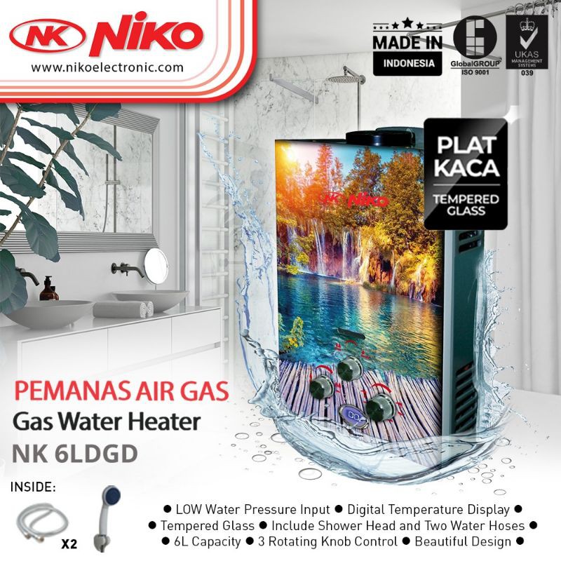 Niko Water Heater Gas 6 Liter LED Display Body Kaca NK 6LDG A/B/C/D