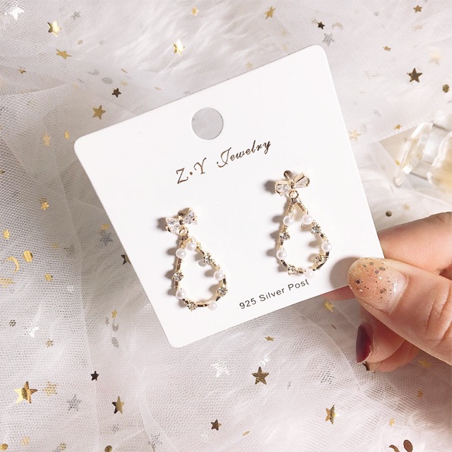 E183，4 . Anting 925 Perak Needle Korea Manis Bow Drop Earrings