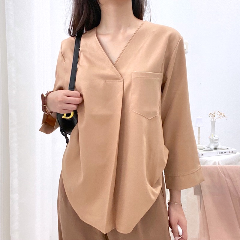 SAFIRA Blouse Wanita Casual Pocket / Atasan Kantor Kantong Lengan Panjang / V-Neck Top Basic 0369