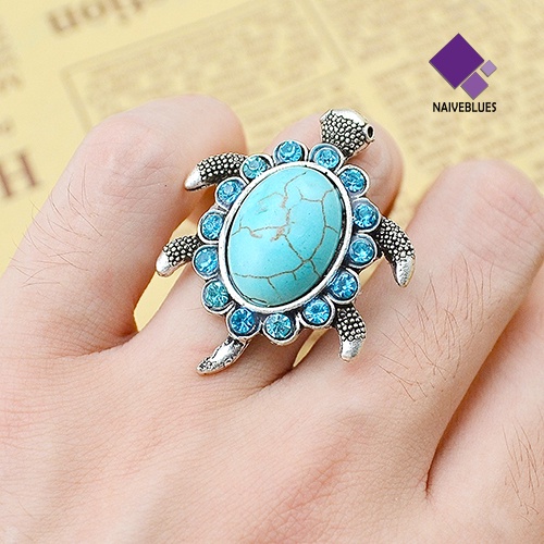 Naiveblue &gt; Cincin Motif Kura-Kura Aksen Turquoise + Berlian Imitasi Untuk Perhiasan Wanita