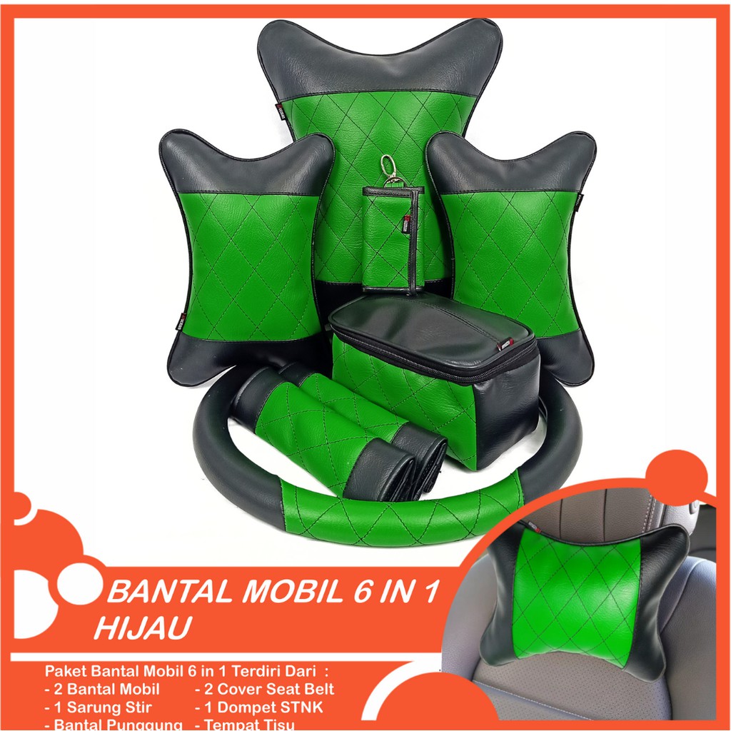 Set Bantal Mobil 6 in 1 Premium Bantal Leher Pinggang Cover Stir Seatbelt Tempat Tisu Free  Dompet STNK