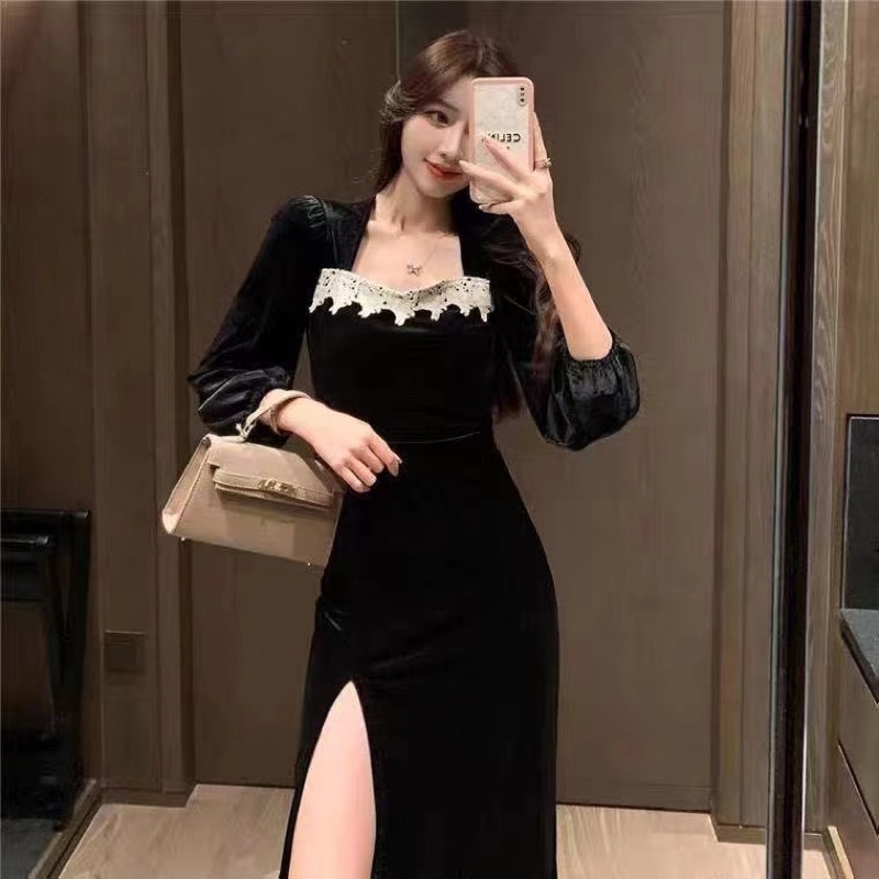 H7 D16/199 Korean midi dress velvet / dress bludru lengan panjang variasi brukat leher kotak belahan kiri