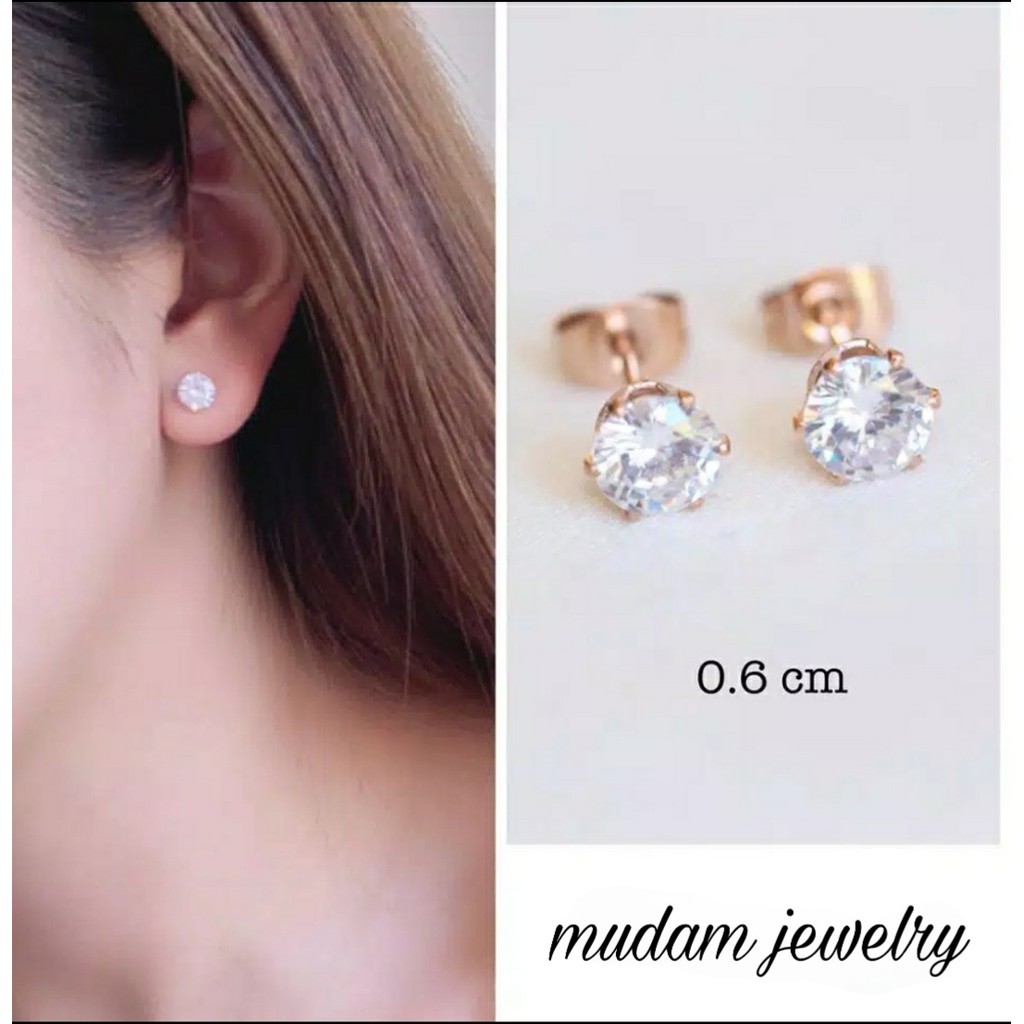 Anting Tusuk Titanium Nagita Zirkon Satu Mata Silver dan Gold Diameter 0,4 cm , 0,5 cm, 0,6 cm dan 0,8 cm