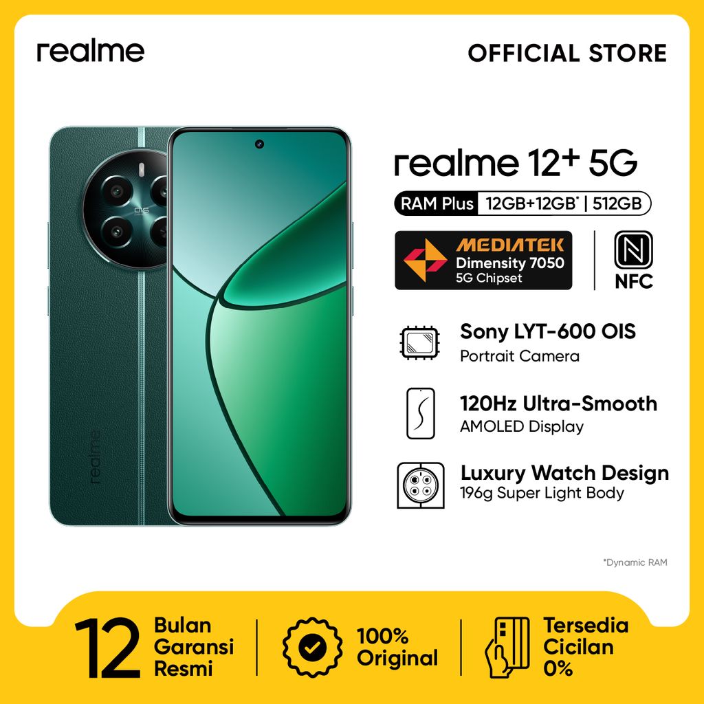 realme 12 Plus 12GB+12GB*|512GB (Sony LYT-600 OIS Portrait Camera | Dimensity 7050 5G Chipset | 120Hz Amoled Display | 67W Charge | 5000mAh Battery)-Pioneer Green