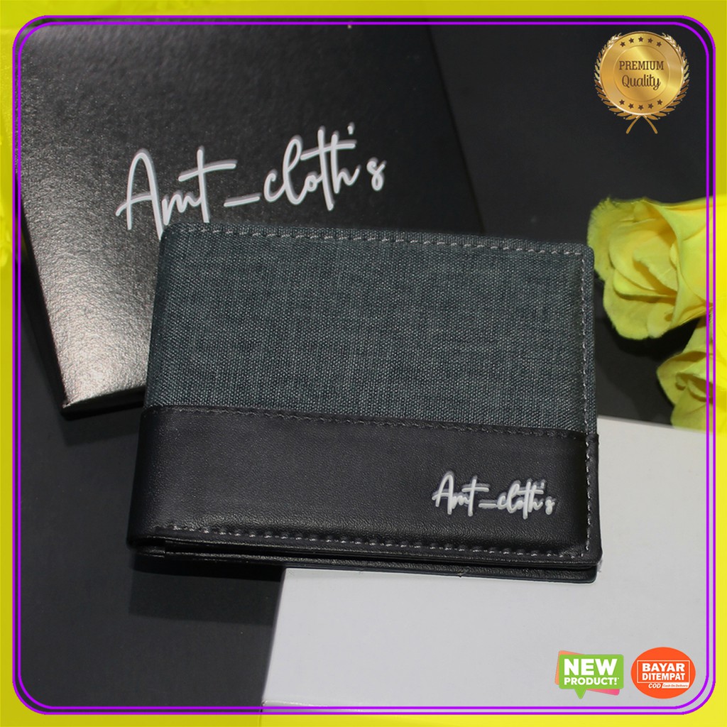 dompet kulit sintetis + box dompet pria AMT Cloth's dompet lipat dompet polos dompet kartu