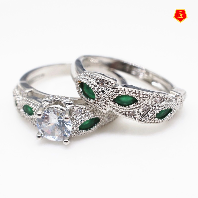 [Ready Stock]Creative Diamond Green Crystal Leaves Ring Set Female