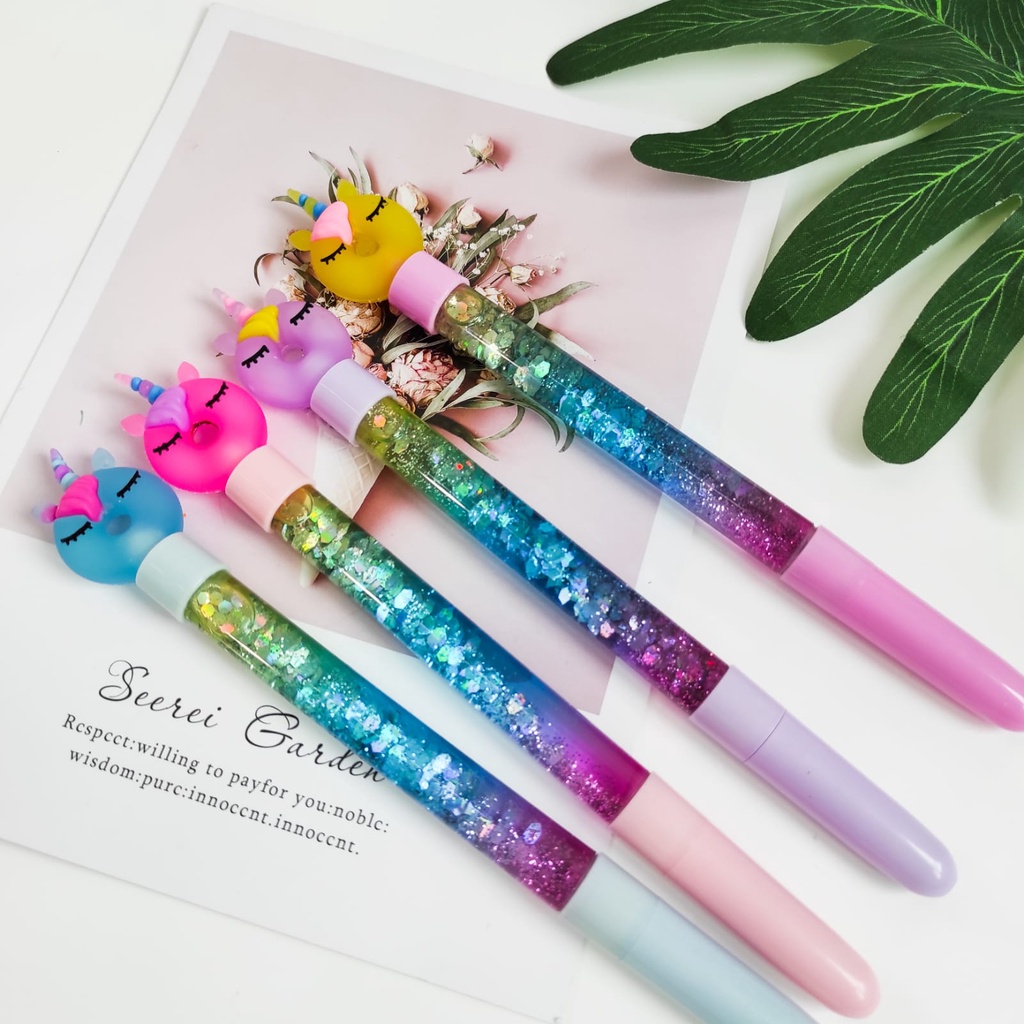 SELUSIN PEN GLITTER DONAT UNICORN 12 PCS LUCU GEL PEN KUDA PONI UNIK MURAH PULPEN PENA BOLPEN