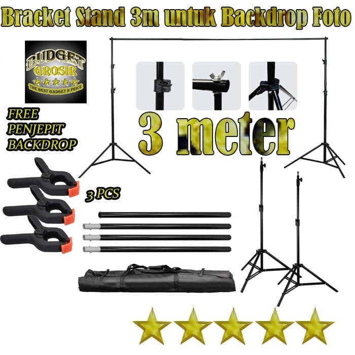 Bracket Stand Backdrop Foto Studio 190 x 300 cm - BS-300 - Black--TaffSTUDIO plus Penjepit 3 pcs