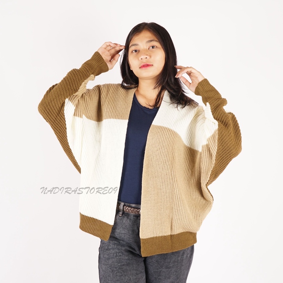 CARDIGAN BATWING RAJUT OVERSIZE PREMIUM/ KOMBINASI / MOCCA OFF WHITE BRONZE