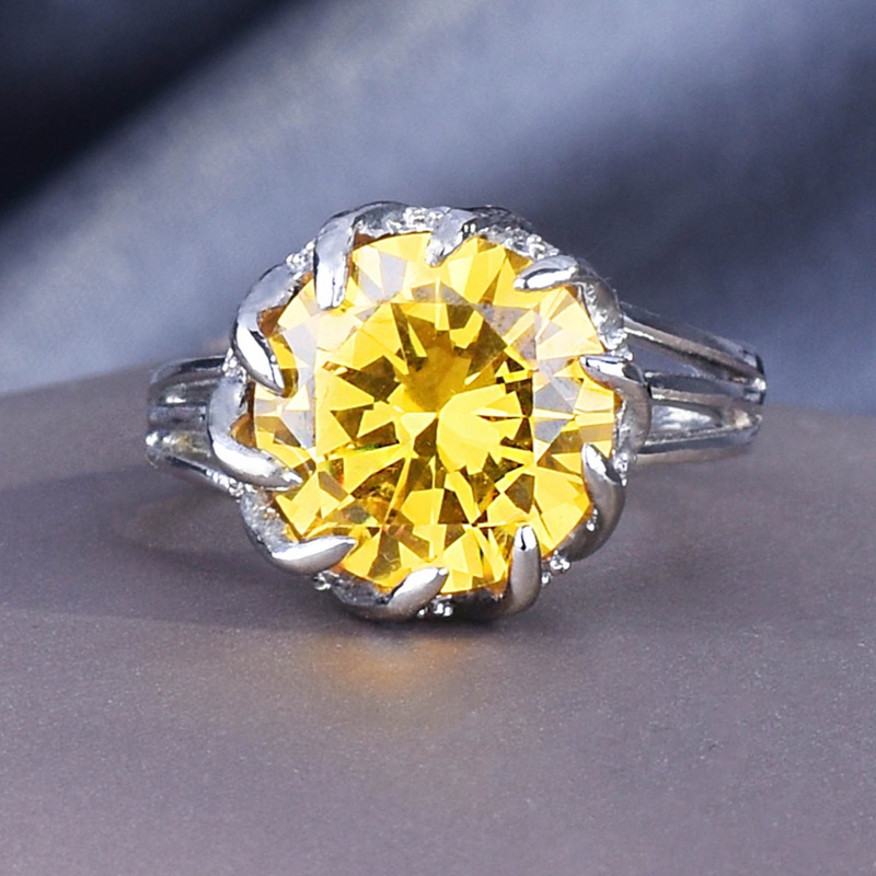 Cincin Bentuk Bunga Aksen Cubic Zirconia Bulat Warna Kuning