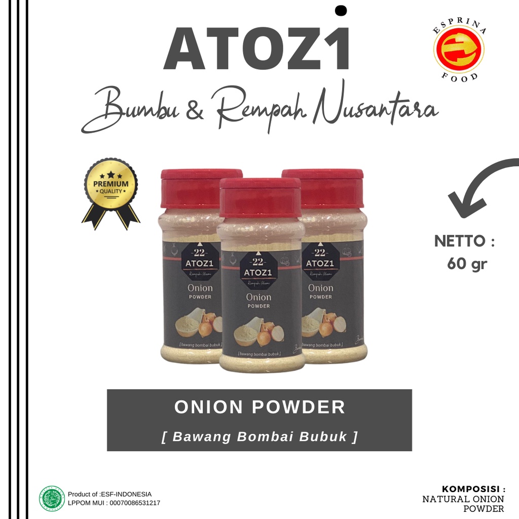 

ONION POWDER - Bawang Bombai Bubuk - ATOZI - Kemasan botol 60 gram