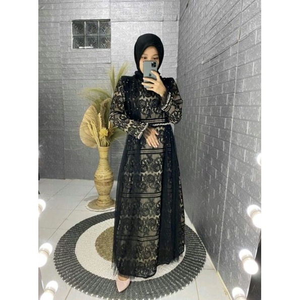 Dress gamis brukat Ozias / Baju muslim kondangan tile brokat hitam