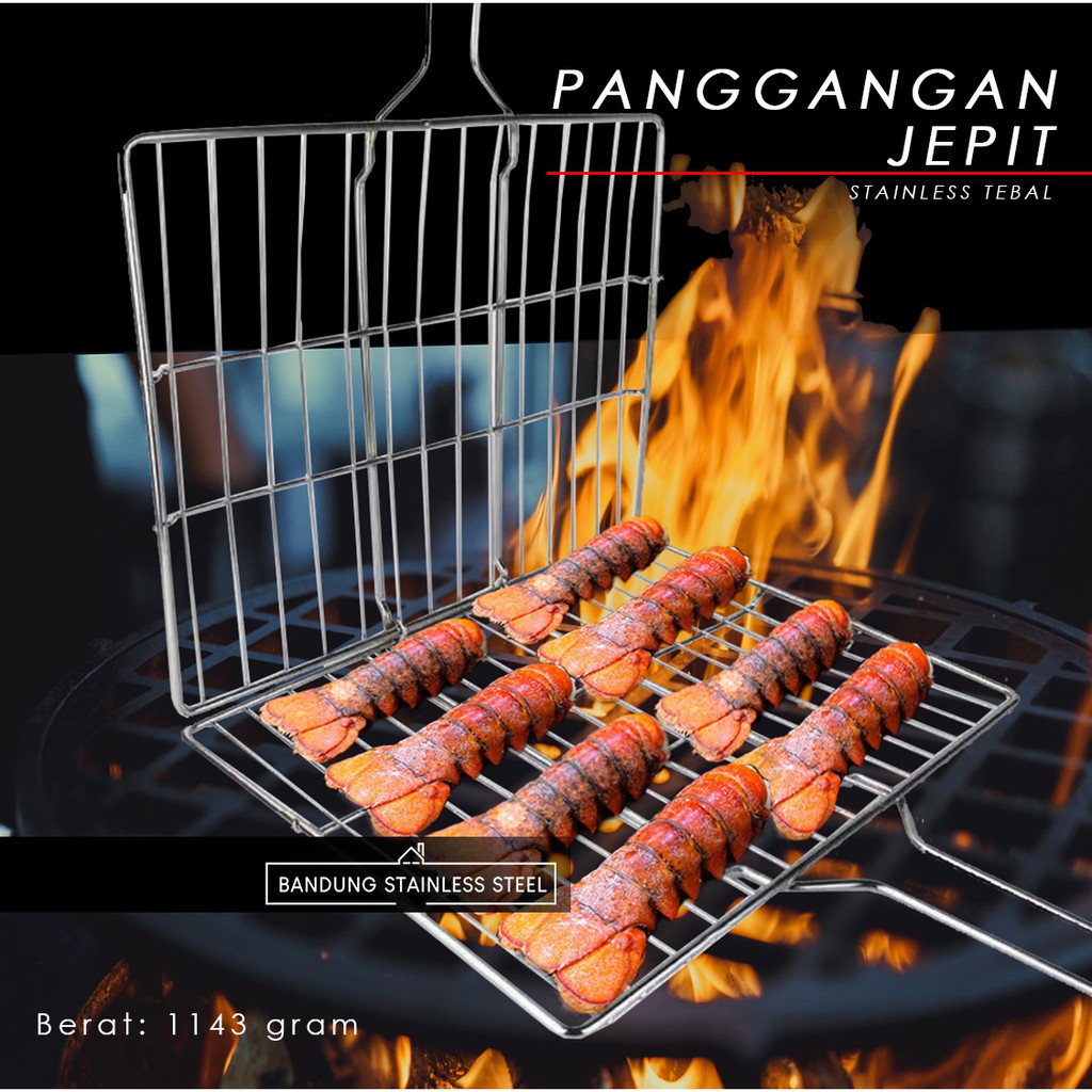 Panggangan Jepit JUMBO BESAR Barbeque BBQ Grill ikan daging lobster stainless steel tebal bakaran