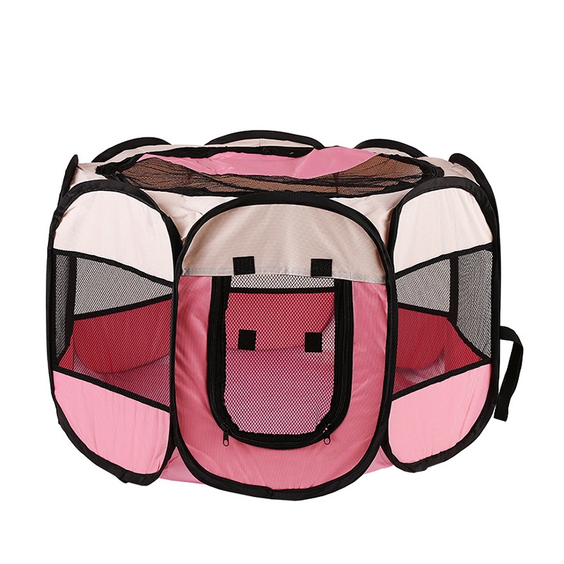 【Barang Tersedia】Kandang Hewan Lipat Bahan Kain Portabel Dengan 8 Panel-Merah Muda M