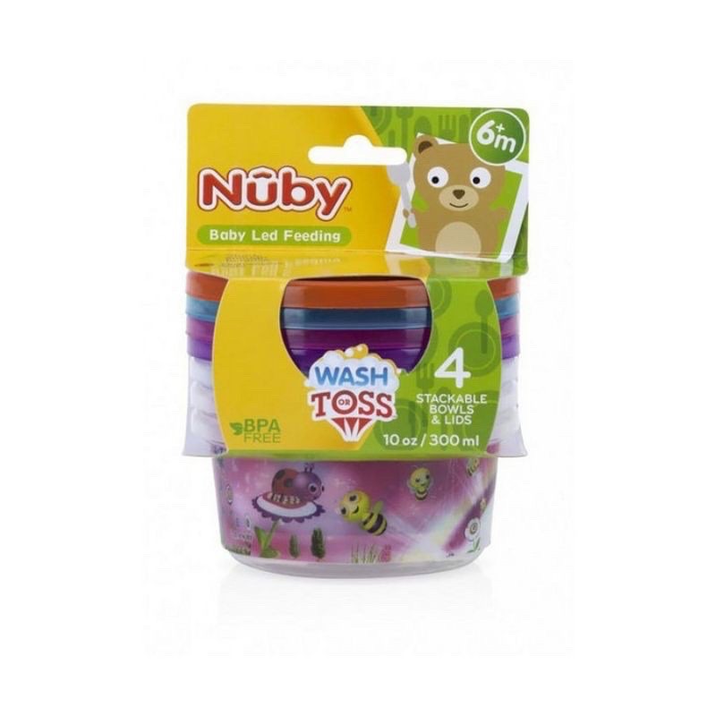 Nuby stackable bowl &amp; lids 300ml isi 4 - mangkuk dengan tutup