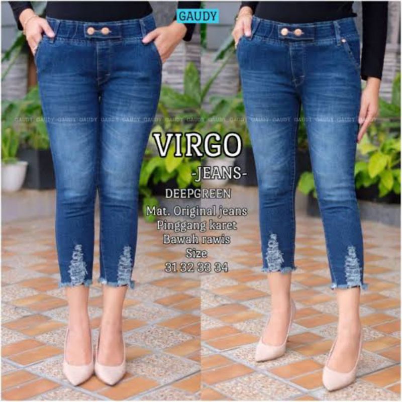 VIRGO Model Celana Jeans Sobek Jumbo Pinggang Karet Wanita Kekinian Terbaru 2022 Original Virgo Celana Baggy Pants Super