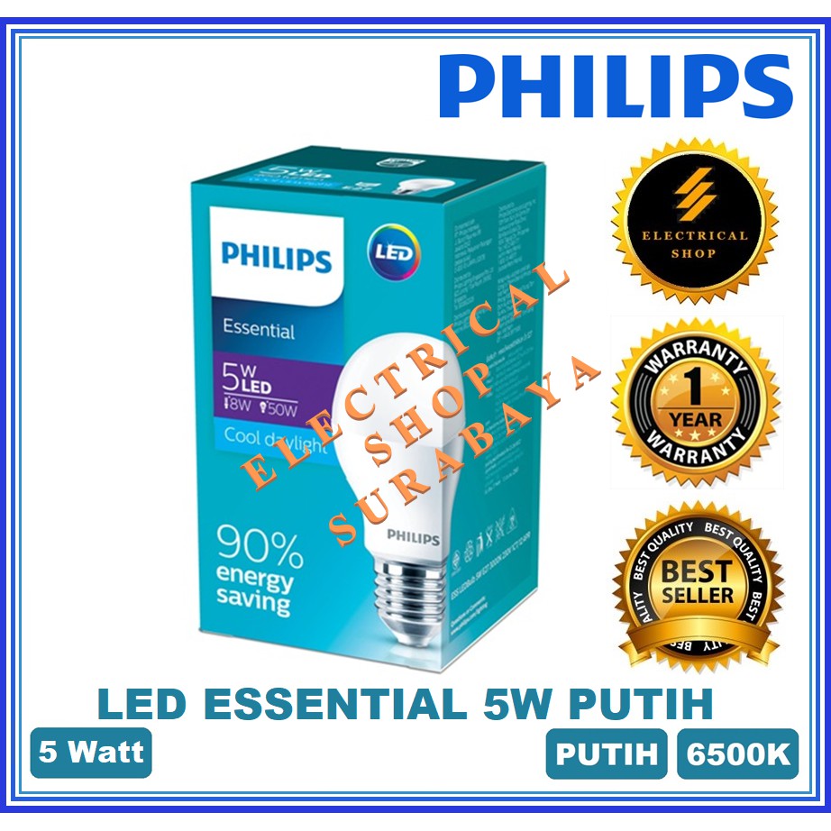 PHILIPS LAMPU LED ESSENTIAL 5W / 5 WATT PUTIH (GARANSI 1 TAHUN &amp; HARGA GROSIR) ESS BULB ORI MURAH