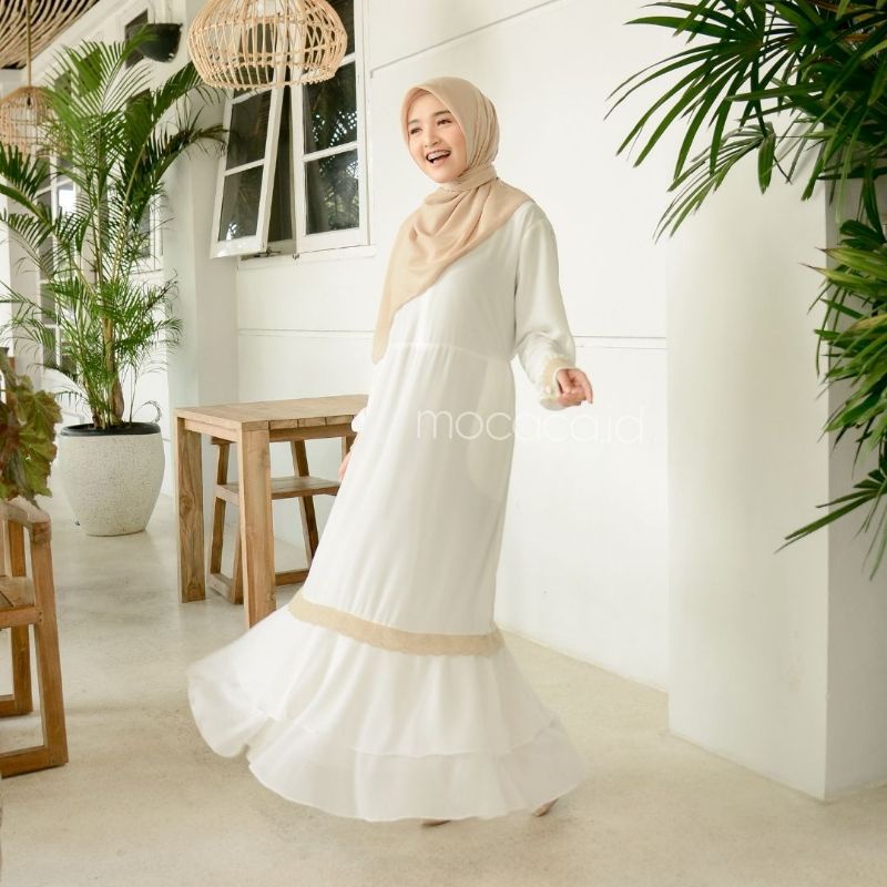 Gamis Muslimah Ceruti Renda Susun ready siap kirim Full Furing Premium Ld 110 Busui Bisa COD putih