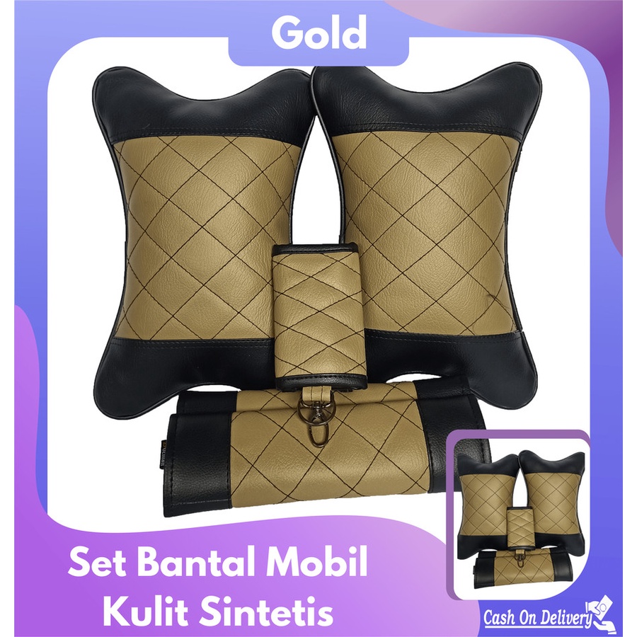 Set Bantal Mobil 3 In 1 / Aksesoris Mobil Warna Gold isi 2 bantal mobil 2 seatbelt dan 1dompet stnk