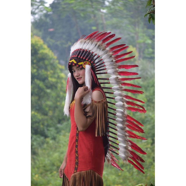 TOPI INDIAN - INDIAN HEADDRESS MEDIUM ANGSA MONTE MERAH PUTIH TUTUL 1
