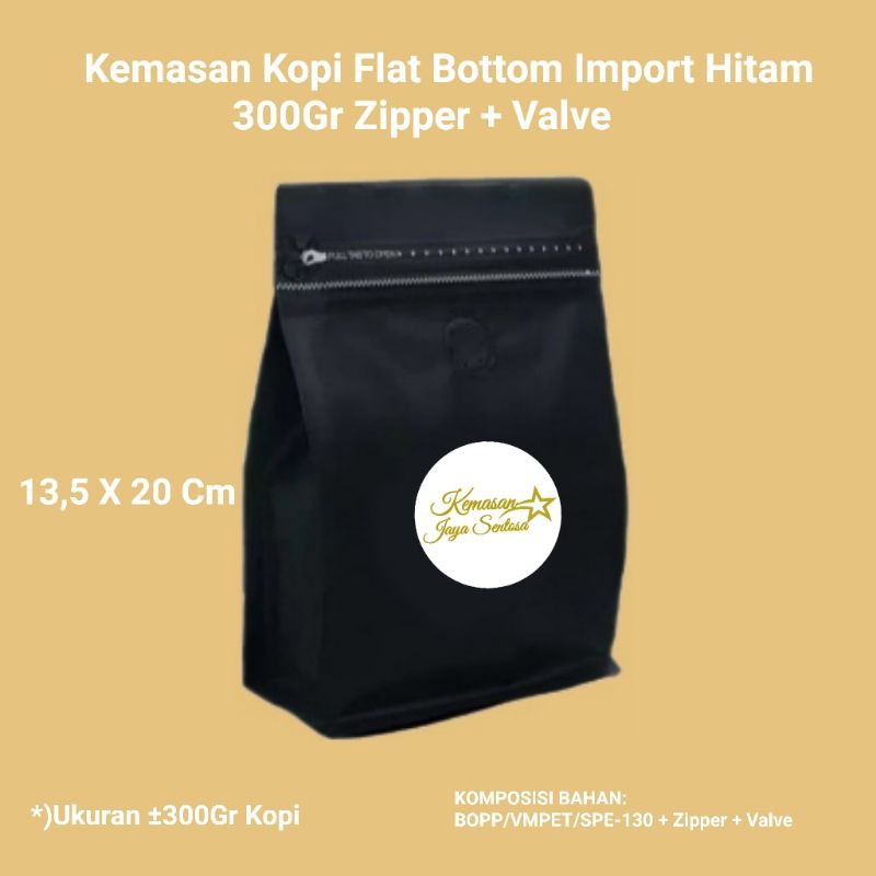Kemasan Kopi Flat Bottom Import Hitam 300ZV Gram