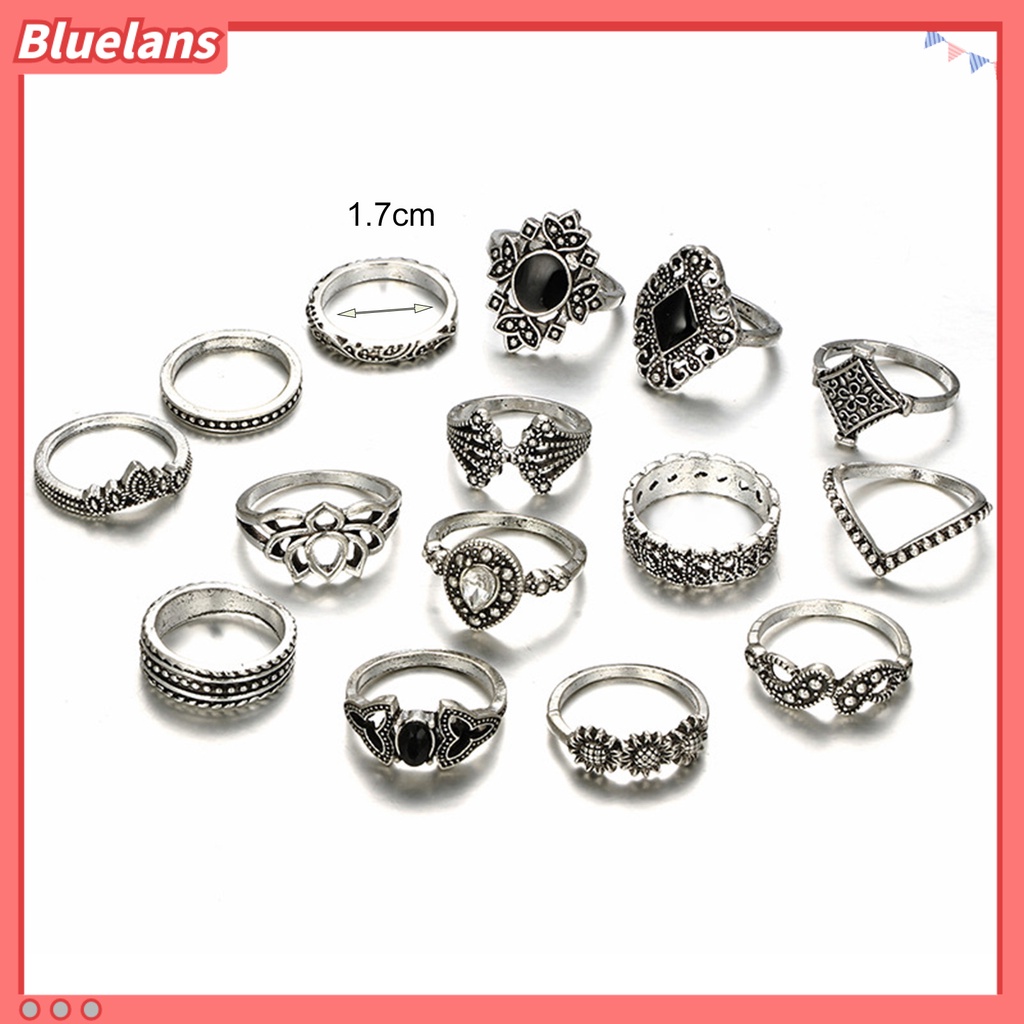 Bluelans 15 Pcs Cincin Berlian Imitasi Model Terbuka Tidak Pudar Gaya Bohemian Untuk Wanita