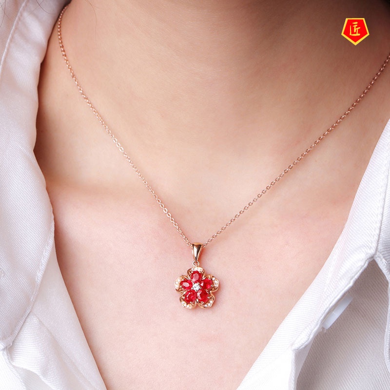 [Ready Stock]Ruby Rose Flower Pendant 18K Rose Gold Simple Elegant Accessories