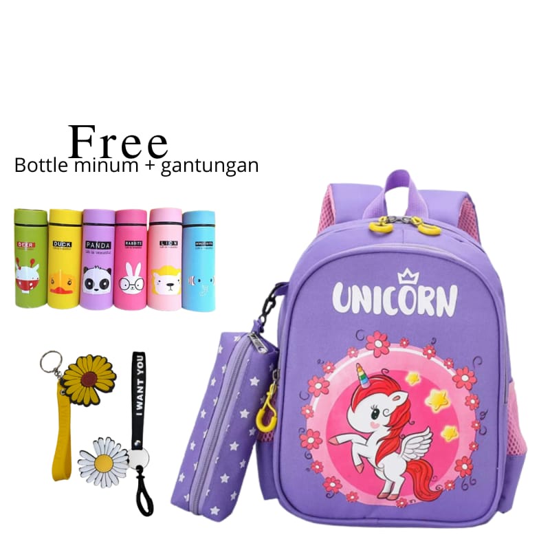 Tas Sekolah Anak Unicorn Pola Katun Ransel Karakter Lucu