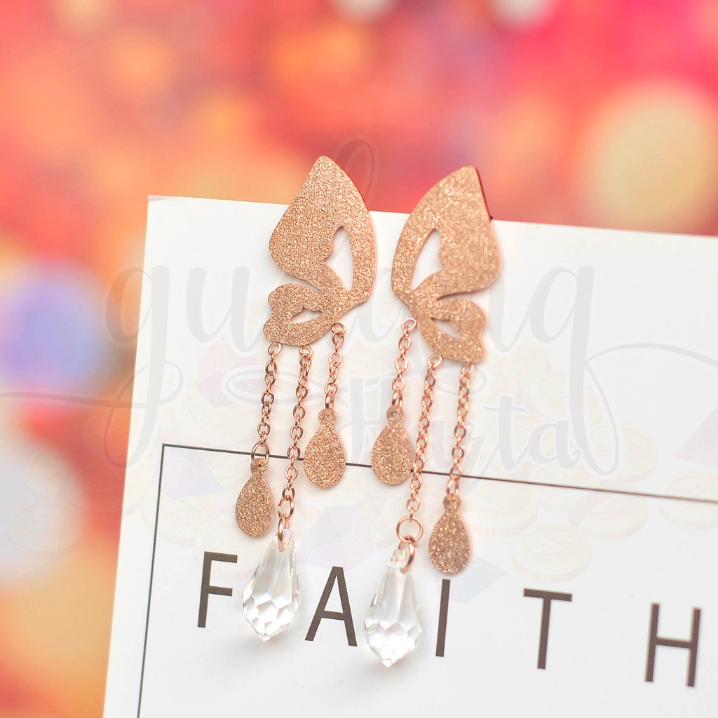 Anting Stud Golden Glitter Butterfly Kupu Kupu Panjang Unik Besar Stainless GH 203177