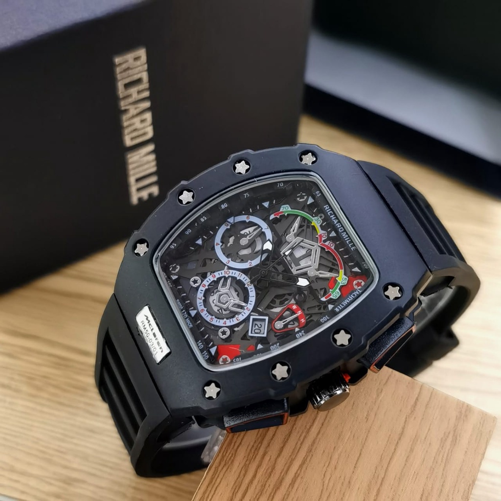 JAM TANGAN PRIA RM 50-O3/01 ANALOG TALI KARET CRONO OFF TANGGAL AKTIF DIAMETER 4 CM + BOX EXCLUSIVE