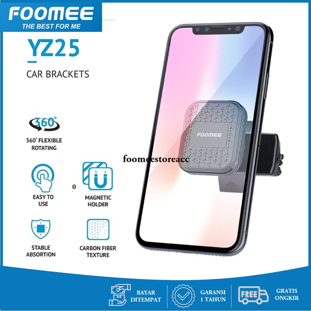 Car Holder HP Mobil AC Bracket Jepit Magnet 360 Derajat Foomee YZ25 Universal Putar Original Praktis