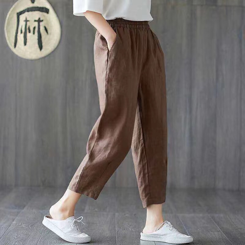 Stok bersih!COD M-4XL Celana Dipotong Wanita Cropped Pants Katun Linen Soft Warna solid Longgar Harem Women Casual Pants