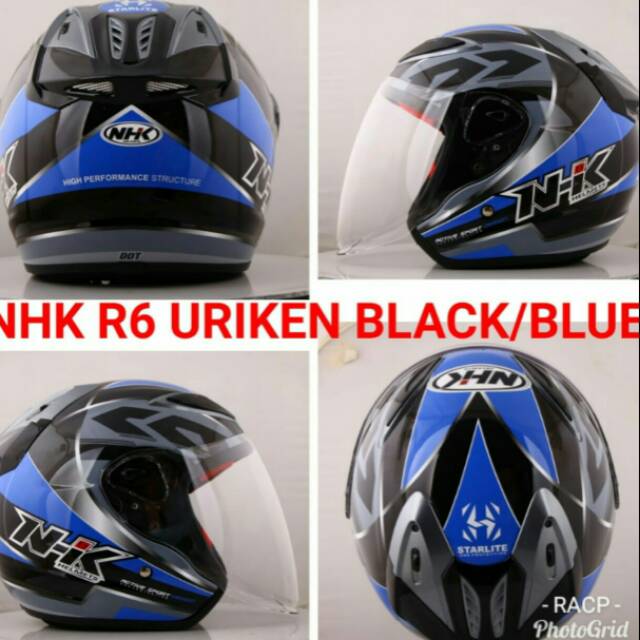 Helm NHK R6 uriken biru hitam kaca datar model racing dan motogp