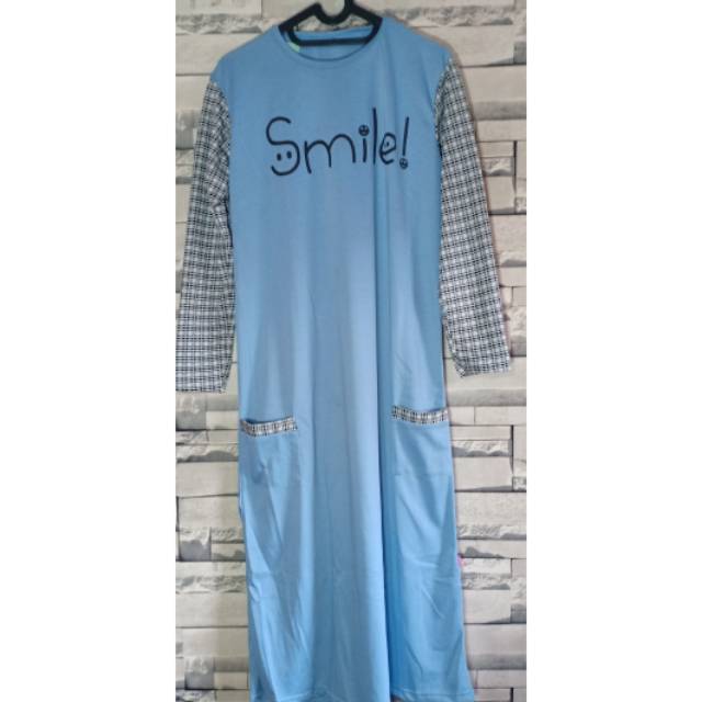 Gamis smile warna biru muda tangan kotak ada saku